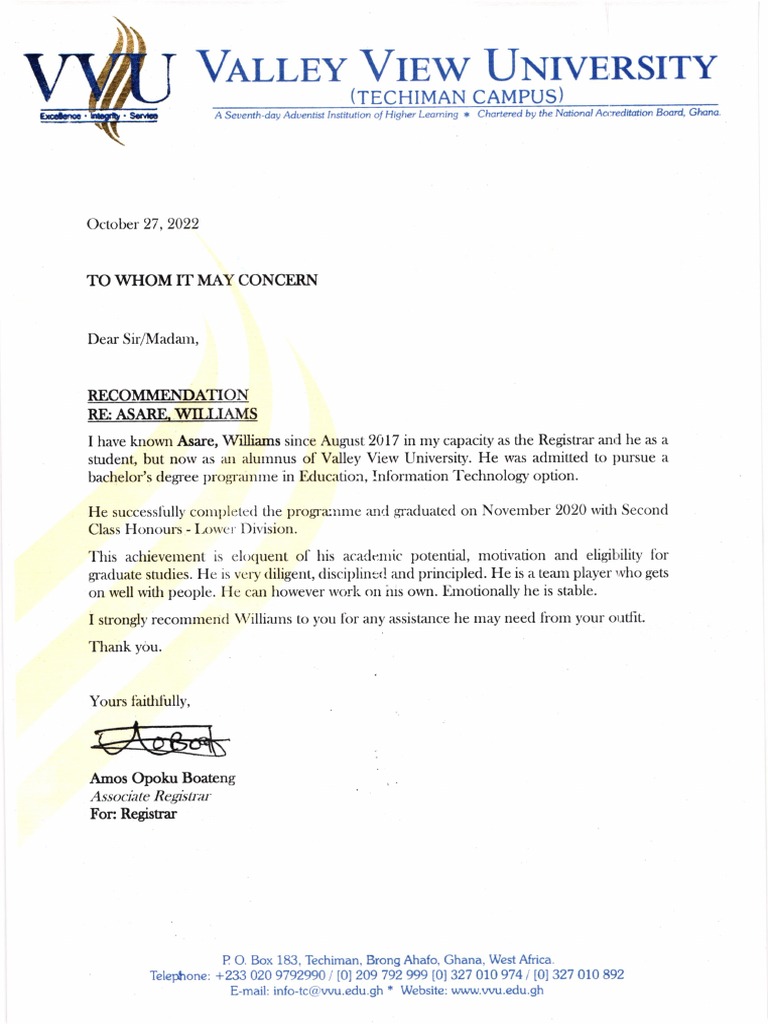 AsareWilliams Recommendation Letter | PDF