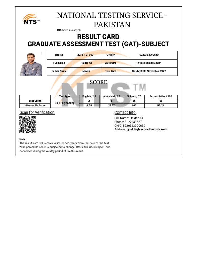 GAT Subject Result Card for Haider Ali | PDF
