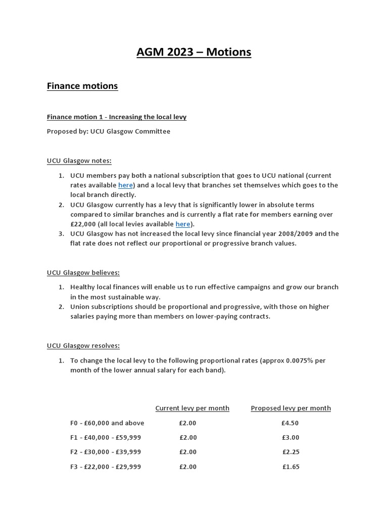 UCU Glasgow AGM 2023 Motions Overview | PDF