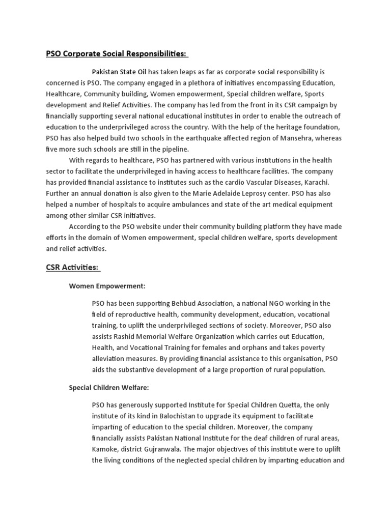 PSO's Impactful CSR Initiatives in Pakistan | PDF | Corporate Social ...