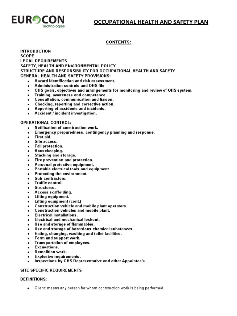 Occupational Health & Safety Plan | PDF | Occupational Safety And ...