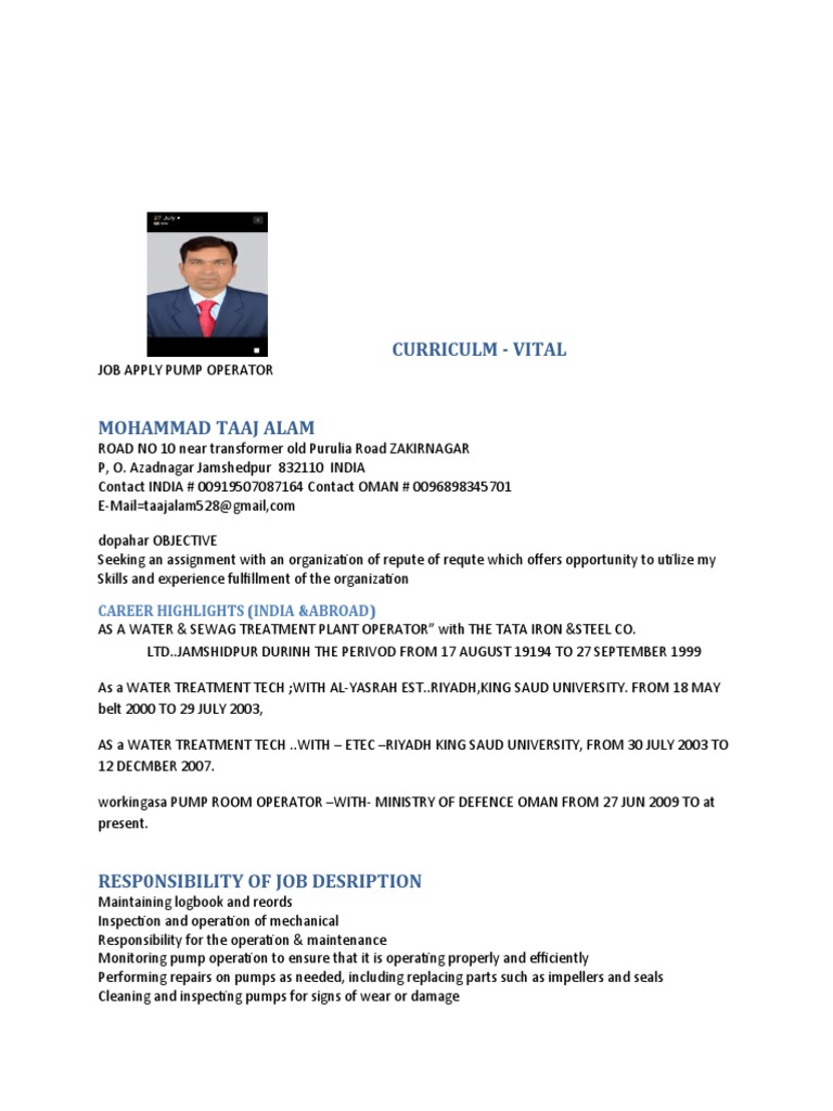 Pump Operator Cv Download Free Pdf Pump Water