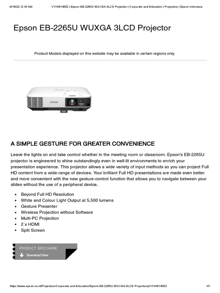 V11H814052 - Epson EB-2265U WUXGA 3LCD Projector - Corporate and ...