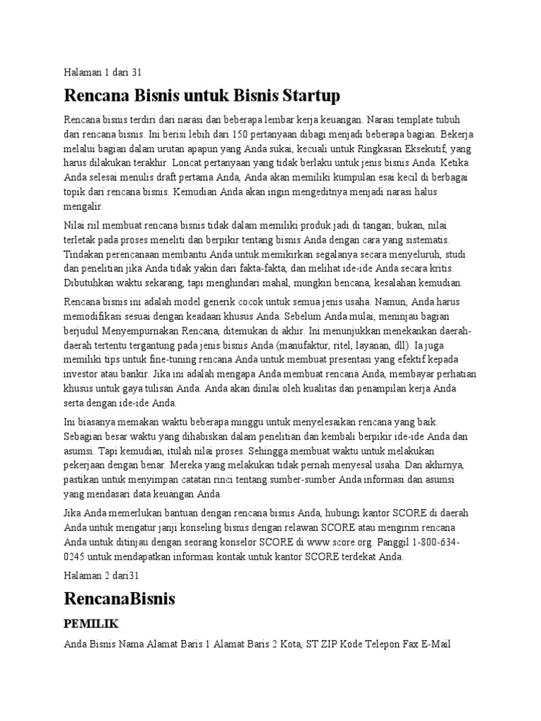 Contoh Rencana Bisnis untuk Startup | PDF