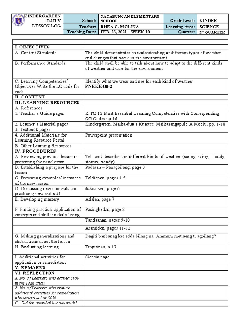 Kindergarten Science Lesson Plan: Weather | PDF