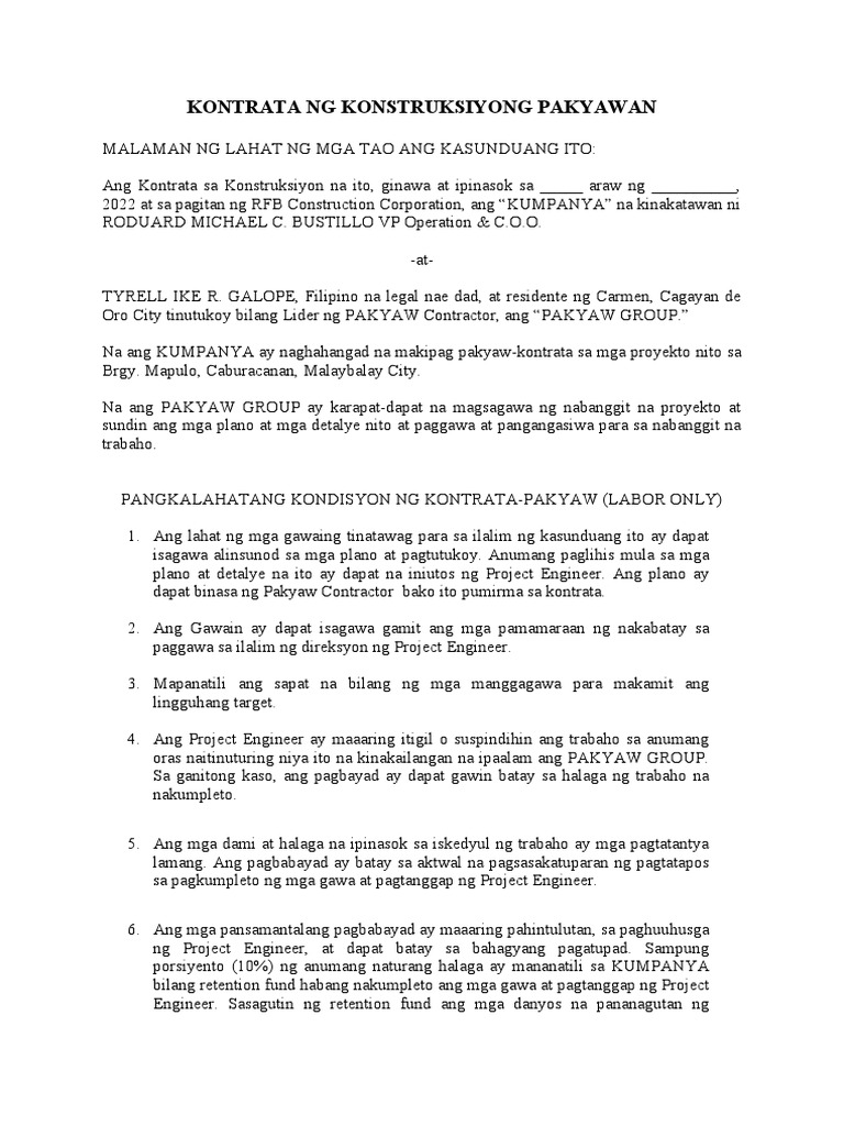 Kontrata NG Konstruksiyong Pakyawan | PDF