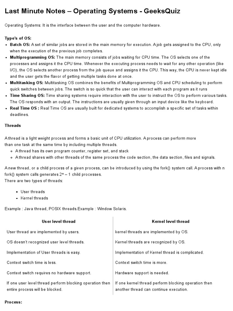 Last Minute OS Notes - GeeksQuiz | PDF | Scheduling (Computing ...