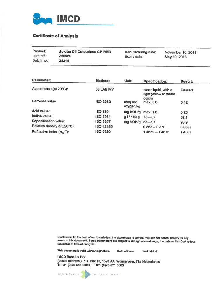 MSDS and COa JOjoba Oil Colourless | PDF