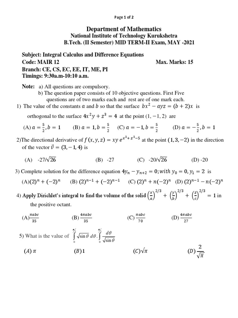 Integral Calculus Midterm Exam 2021 | PDF