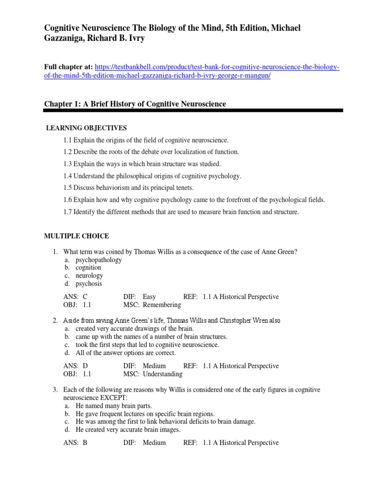 Test Bank For Cognitive Neuroscience The Biology of The Mind 5th