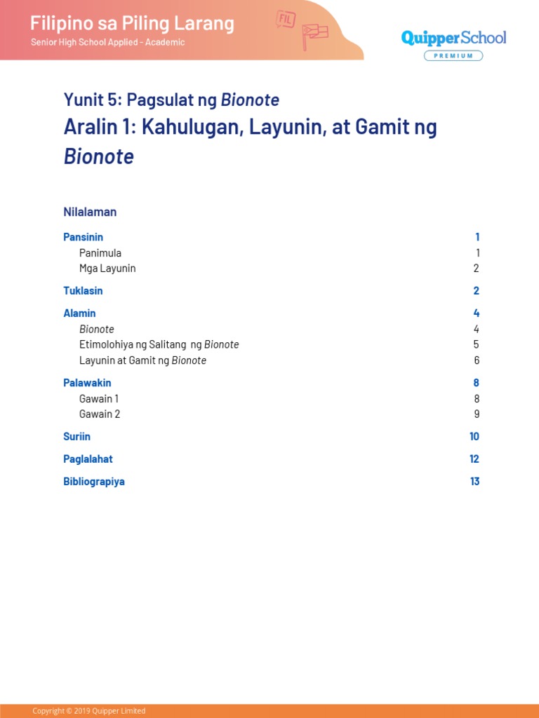 0501 Kahulugan, Layunin, Gamit NG Bionote PDF