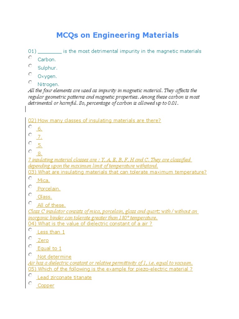 MCQs On Engineering Materials PDF