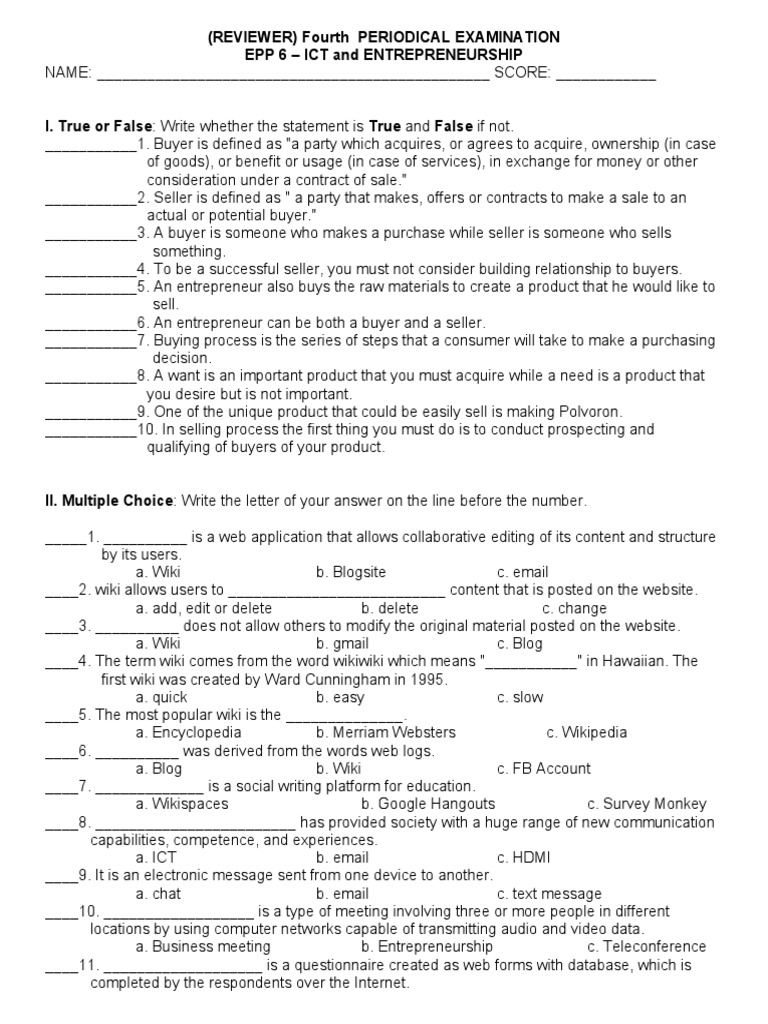 EPP 6 ICT Periodical Exam Review | PDF | Business