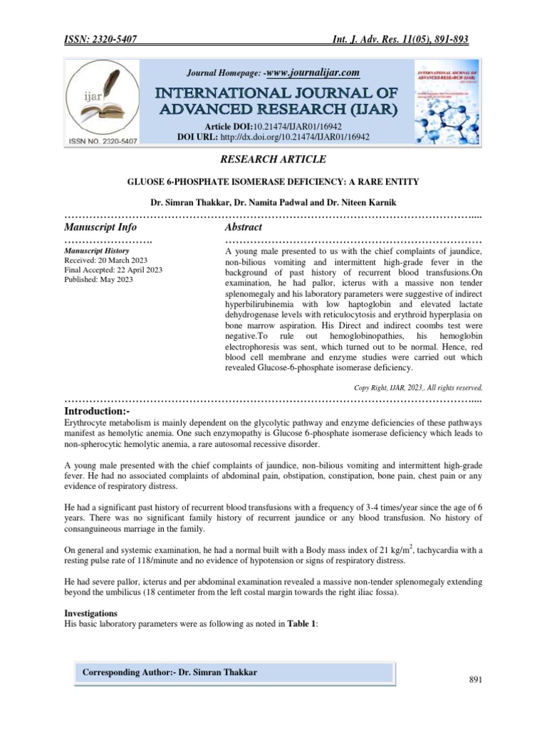Gluose 6Phosphate Isomerase Deficiency A Rare Entity PDF Anemia