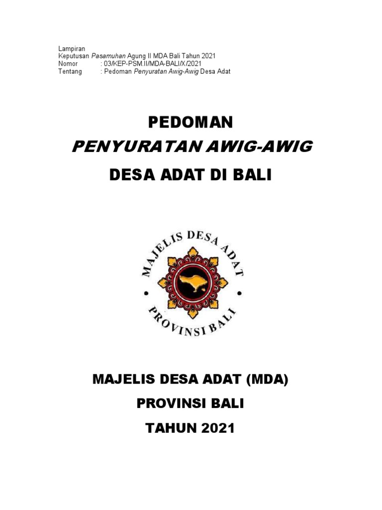 Pedoman Awig-Awig Desa Adat Bali 2021 | PDF