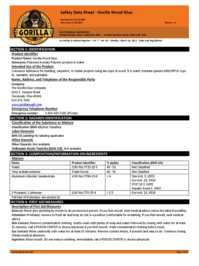 Gorilla Wood Glue Trilingual v1.2 PDF Toxicity Materials