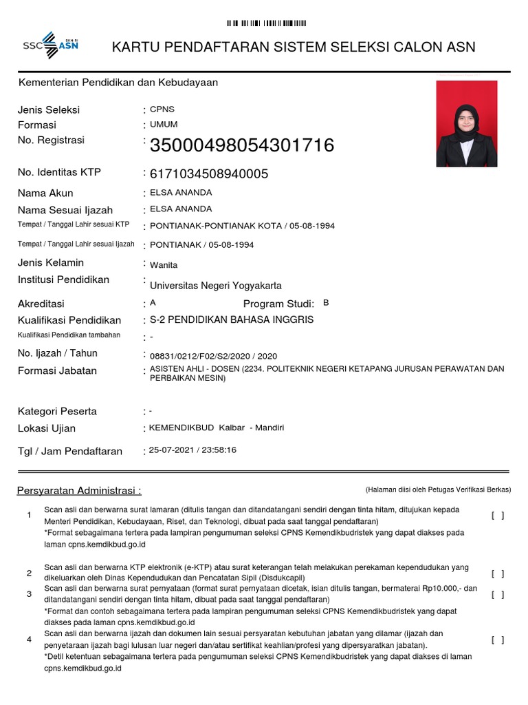 Kartu Pendaftaran Sistem Seleksi Calon Asn Umum Cpns PDF