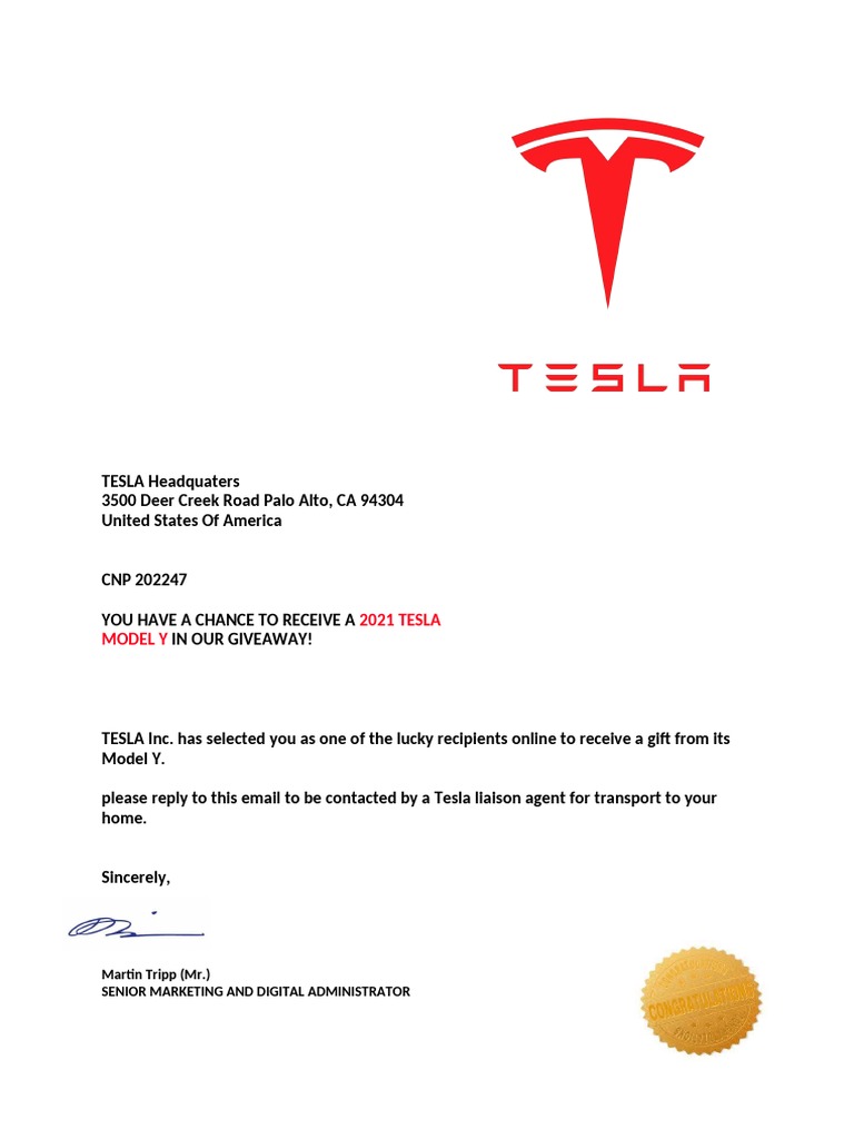 Tesla Model Y Giveaway Notification | PDF | Career & Growth