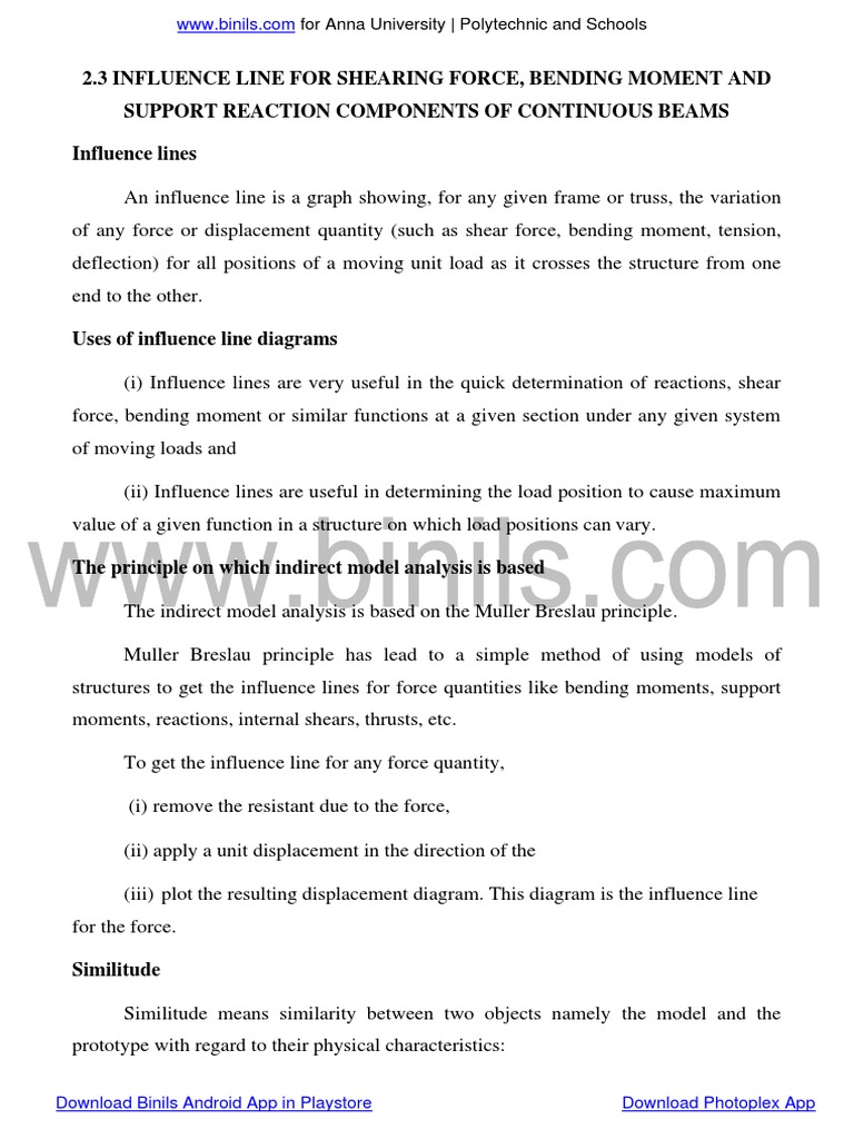 Influence Lines for Continuous Beams | PDF | Bending | Mechanical ...