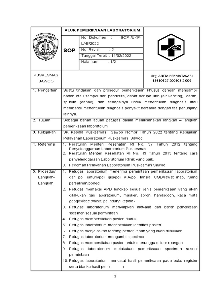 8.1.1.1, 8.1.2.1 SOP pemeriksaan lab PDF