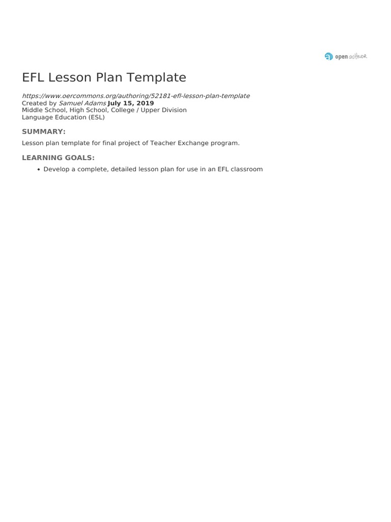 EFL Lesson Plan Template | PDF