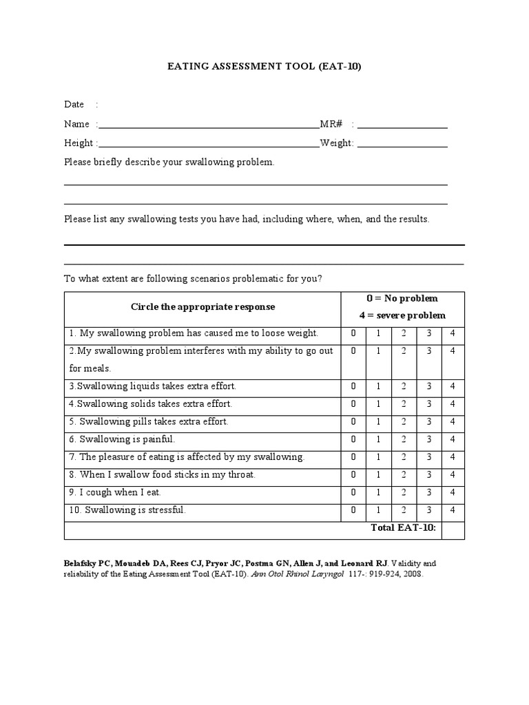 EAT-10 Swallowing Assessment Tool | PDF | Self-Improvement | Wellness