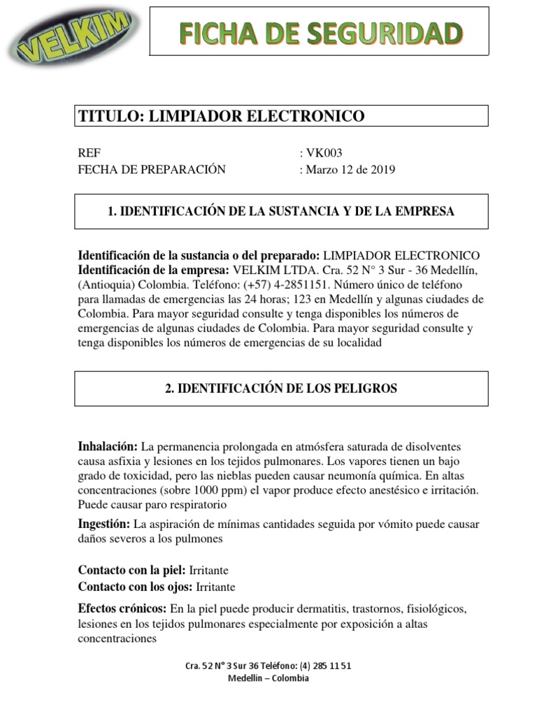 Hoja de Seguridad de Límpiador Electronico (16 Oz) VELKIM Ref VK003 ...