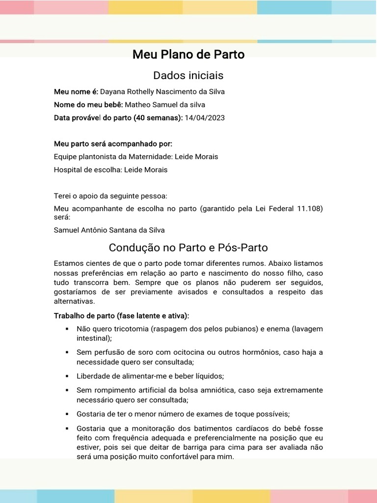 Meu Plano de Parto | PDF | Parto | Ciências da Saúde