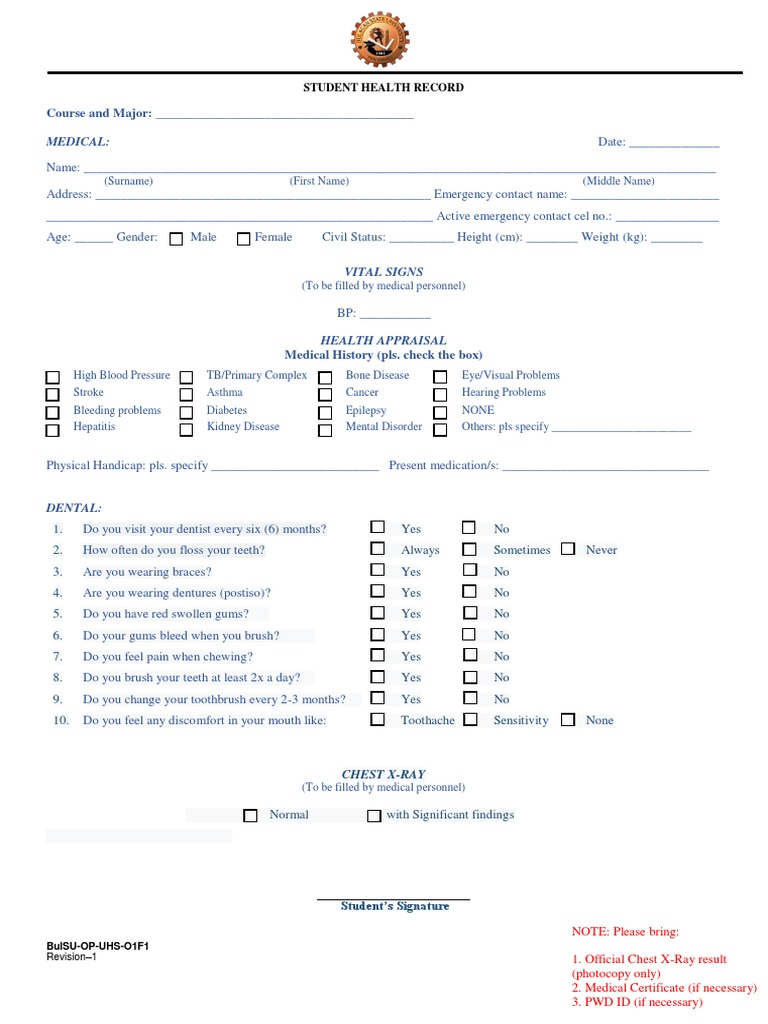 Student Health Assessment Form For Printing | PDF