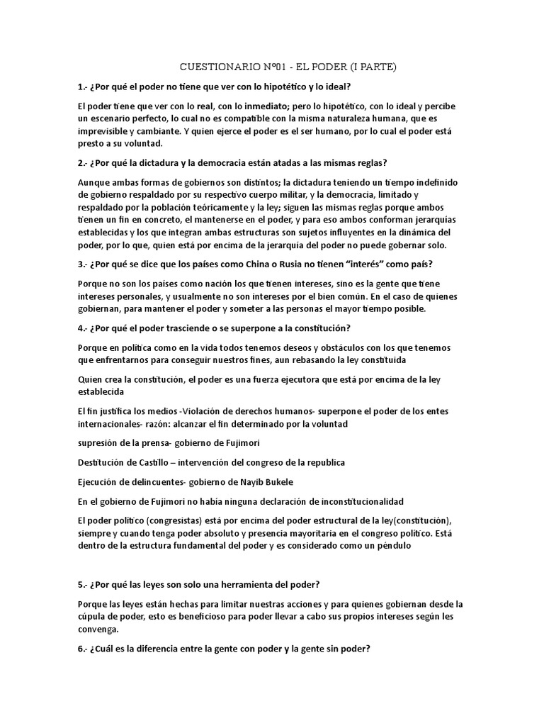 CUESTIONARIO Nro01 PODER PARTE 1 PREGUNTAS SOLAS. | PDF | Democracia ...