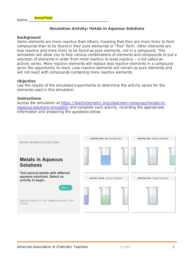 Metals in Aqueous Solution Virtual Lab Simulation PDF