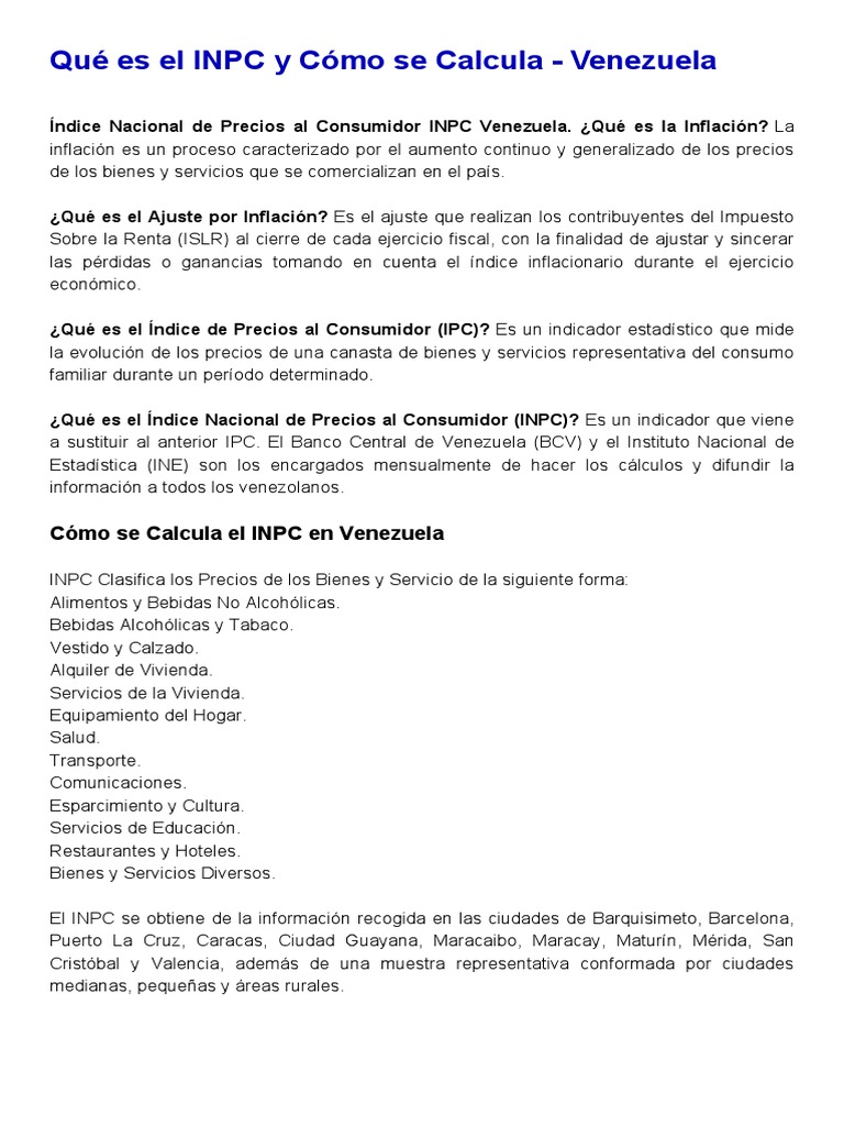 Cálculo del INPC en Venezuela | PDF