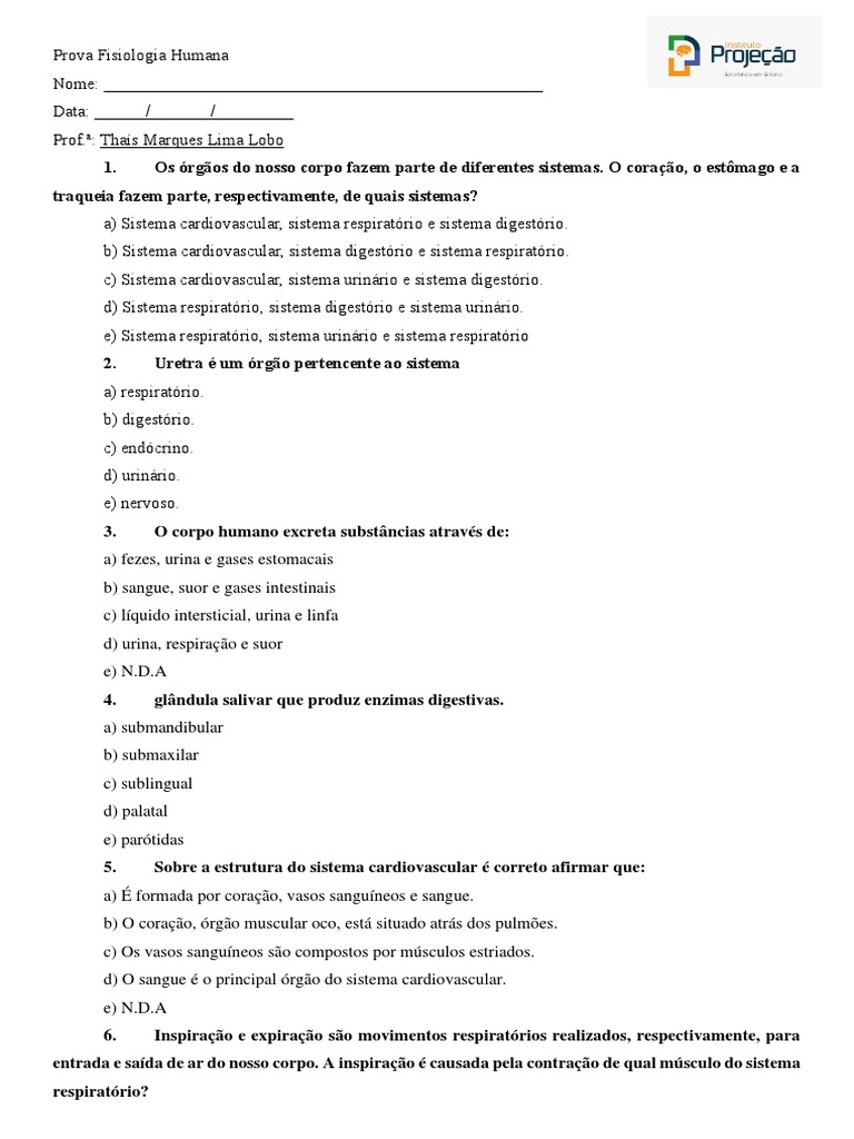 Prova de Fisiologia Humana com Gabarito | PDF | Corpo humano | Sistema ...