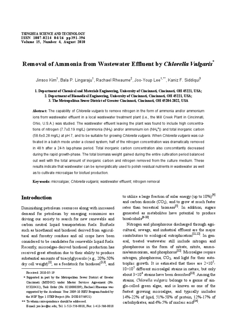 Removal of Ammonia From Wastewater Effluent by Chlorella Vulgaris | PDF ...