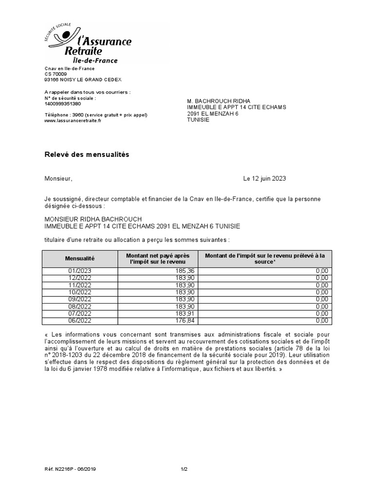 Attestation de Revenus de Retraite | PDF | Impôt sur le revenu | Impôts