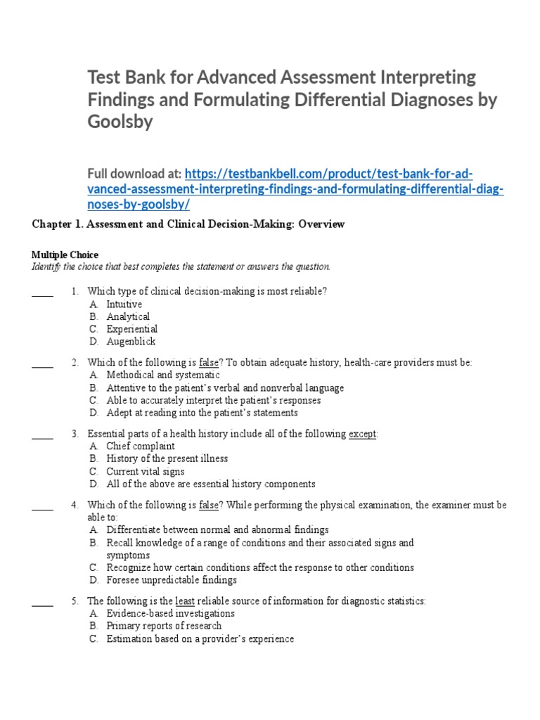 Test Bank For Advanced Assessment Interpreting Findings and Formulating Differential Diagnoses