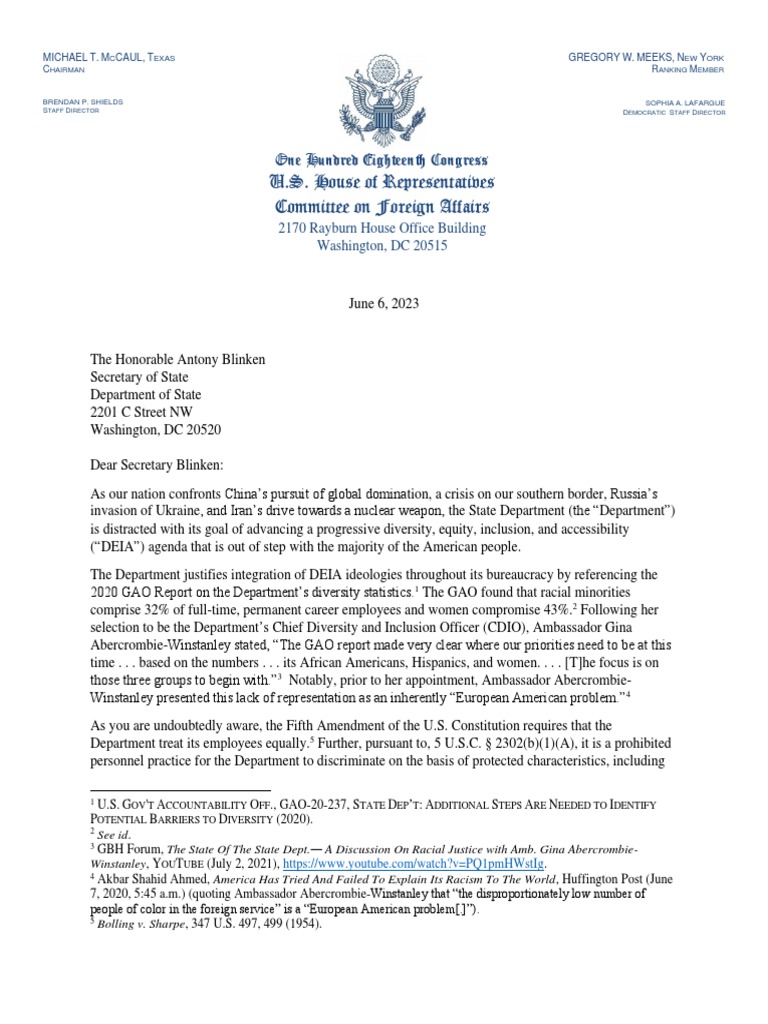 Mast & HFAC Members Letter to Secretary Blinken | PDF | Discrimination ...