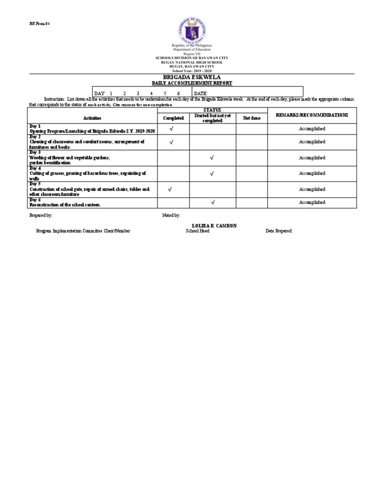 Be Form 6 Daily Accomplishment Report | PDF