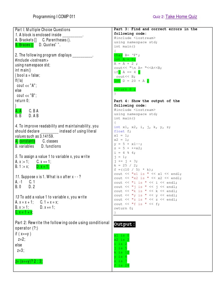 C++ Programming Quiz: Concepts & Code | PDF