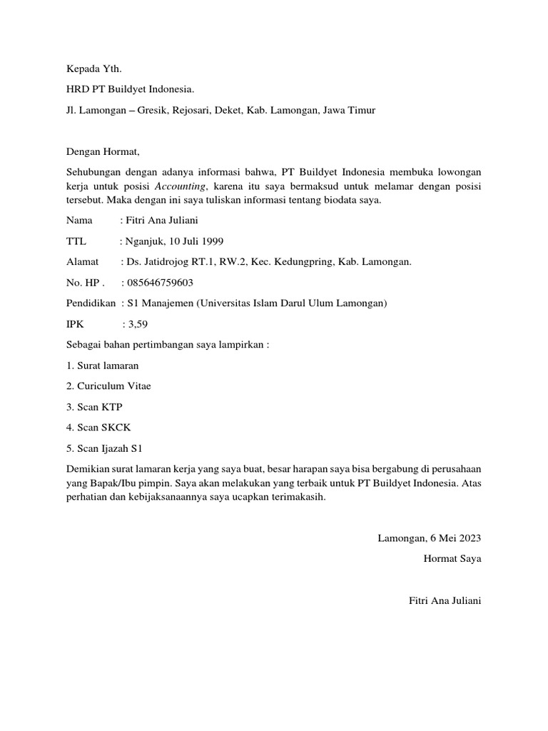 Surat Lamaran Fitri PT Buildyet Indonesia | PDF