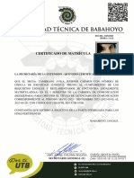 Certificado de Matrícula: La Secretaría de La Extension - Quevedo Certifica