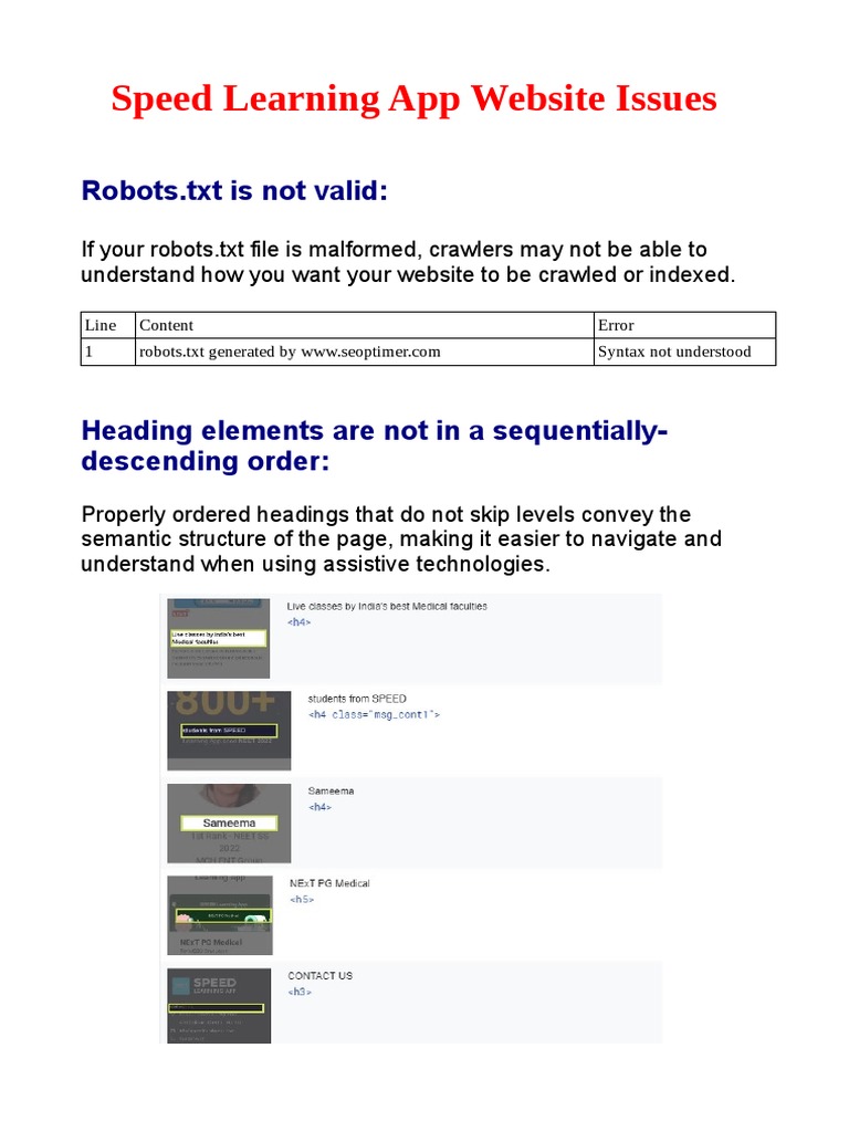 Speed Learning App site Issues Report PDF Byte Computing