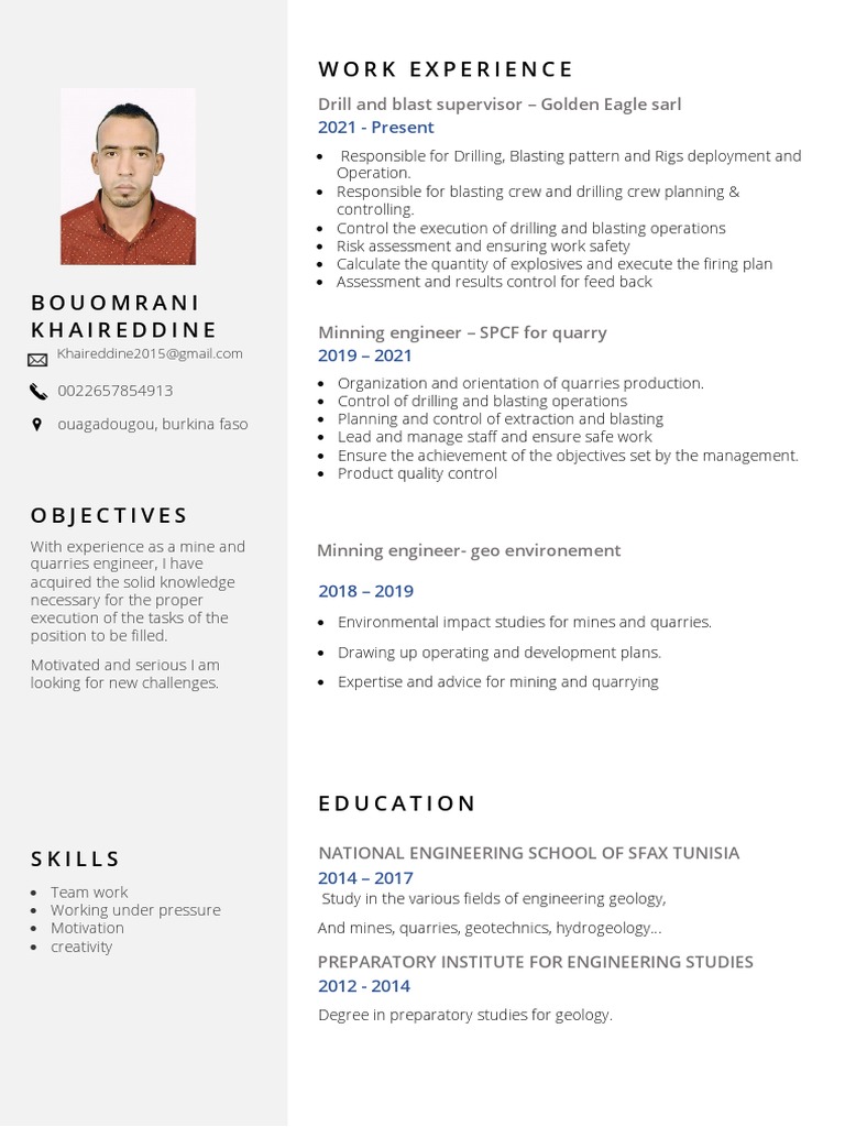 CV for Mining Engineer Khaireddine | PDF | Mining | Engineering