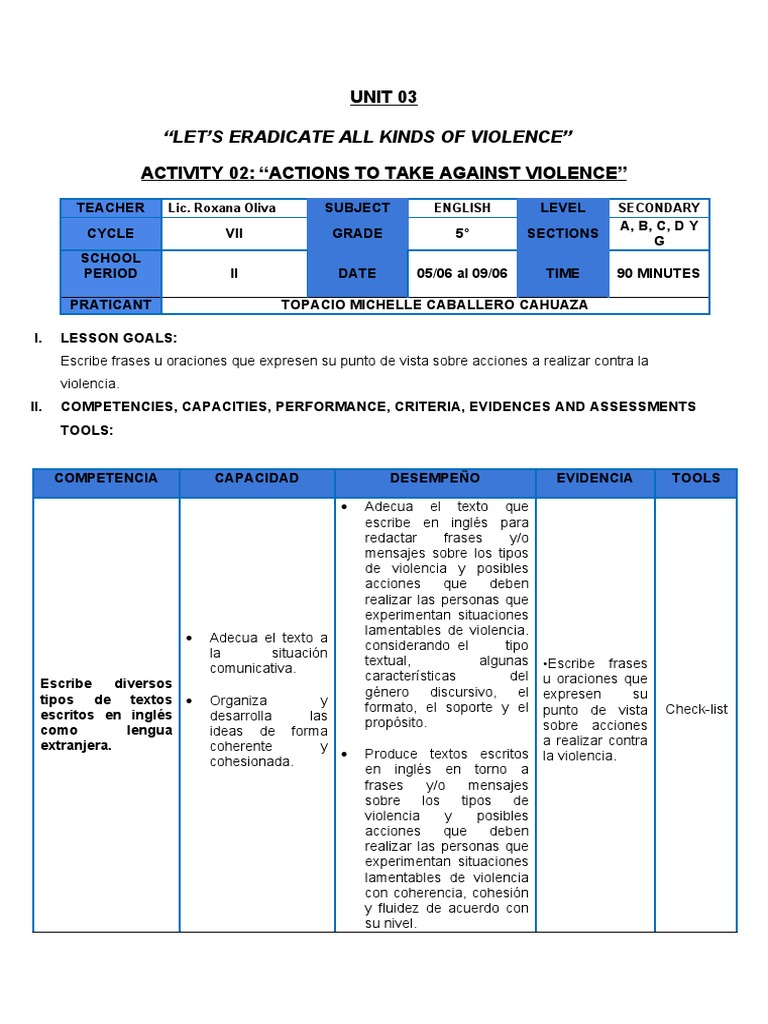 ACTIVITY 02 ACTIONS TO TAKE AGAINST VIOLENCE 5to | Descargar gratis PDF ...