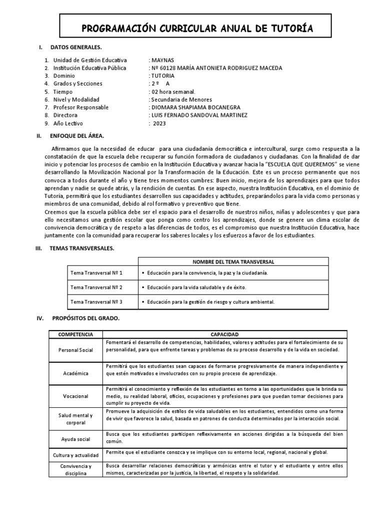 Programación Anual de Tutoría 2023 | PDF | Evaluación | Aprendizaje