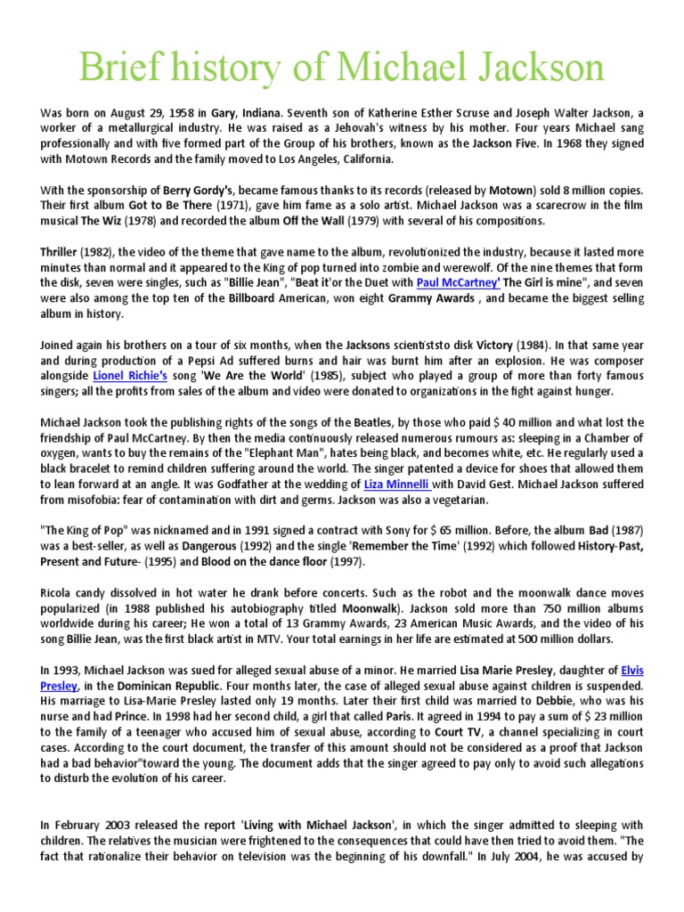 Brief History of Michael Jackson | PDF | Michael Jackson