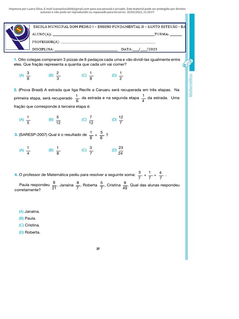 6 ANO Racionais I Operações Com Frações | PDF | Matemática