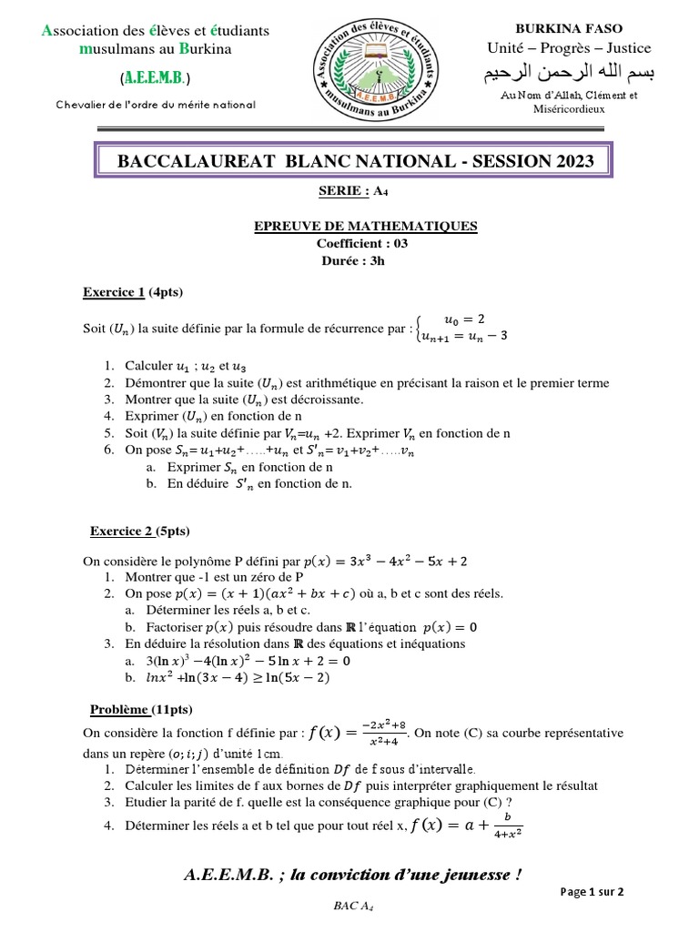 Sujet Bac Maths A4 Burkina Faso 2023 | PDF