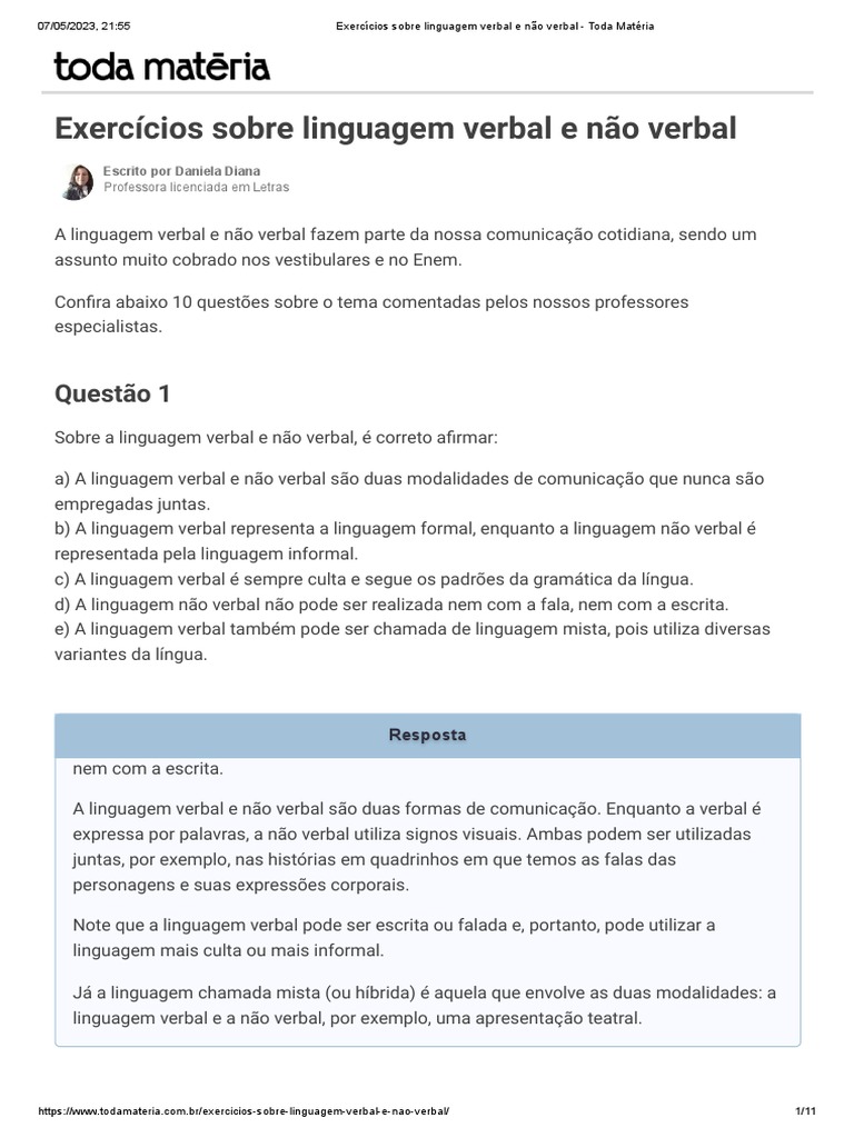 Exercícios Sobre Linguagem Verbal e Não Verbal - GABARITO | PDF ...