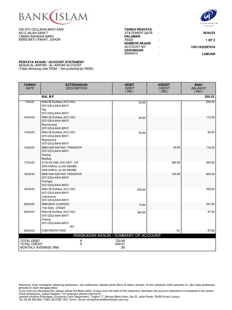 Al-Awfar Account Statement April 2023 | PDF | Personal Finance ...